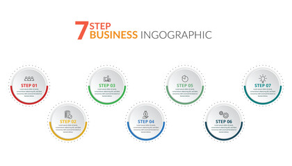 Business Infographic design template with 7 options or steps for presentation and web graphic design.