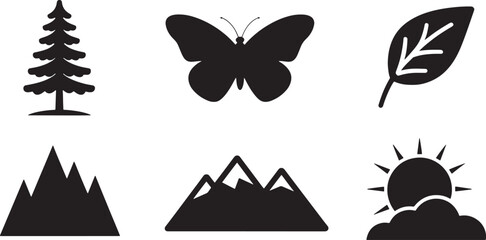 Nature and outdoor icon set featuring a butterfly, leaf, tree, mountains, and sun