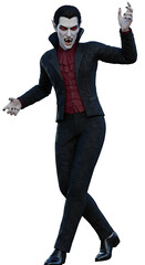 Elegant vampire strides sinister red eyes