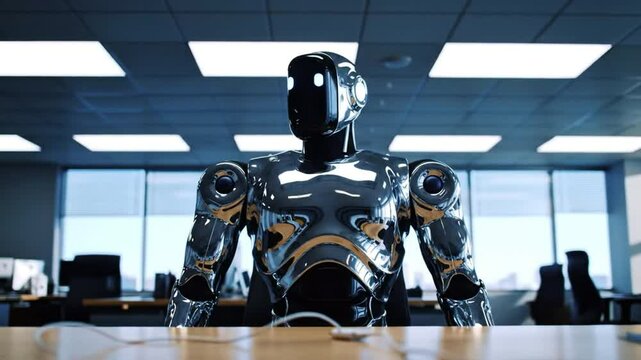 A shiny robot stands in an office with lights and windows in the background looking at the camera