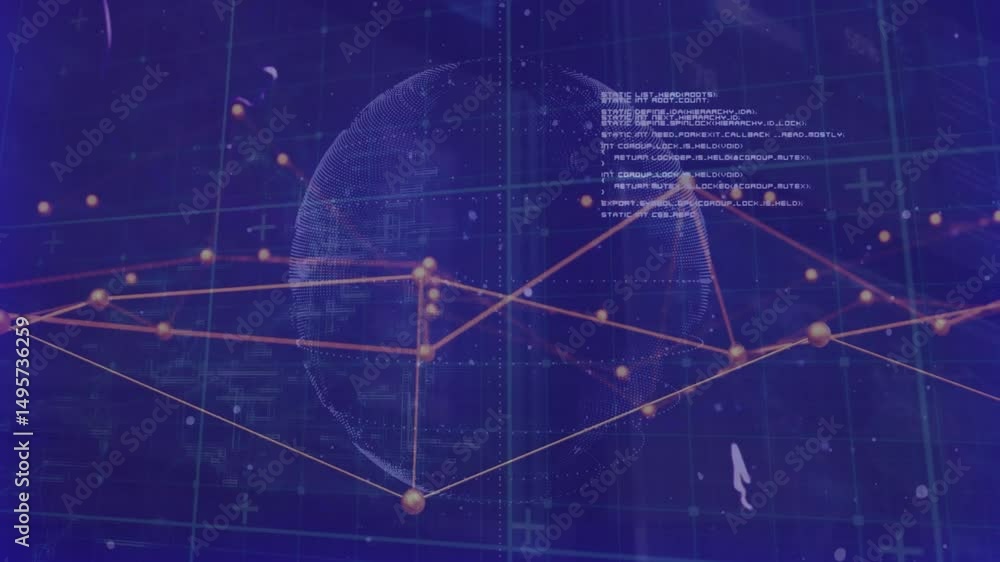 Poster 3D sphere appearing starting orange nodes forming graph with code pulsing shifting for data display