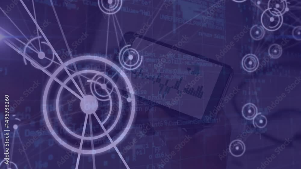 Aufkleber smartphone emerging and displaying line chart with target pulsing connecting nodes for analytics