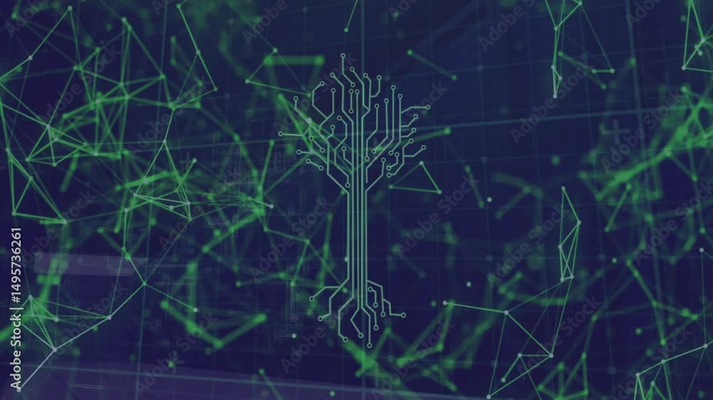 Poster upon grid appearing neon strands and nodes drifting forming circuit tree showing network growth