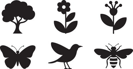 Simple black and white silhouettes of nature elements tree flowers butterfly bird bee