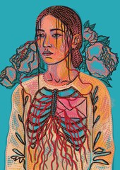 Illustration of a woman with an exposed chest, showing a symbolic heart and letter entangled in red threads. Anatomy, emotion, and botanical elements to represent unspoken feelings