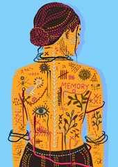 Conceptual female portrait showing a woman’s back with stitched symbols. This digital illustration explores themes of memory, identity, and emotional healing. Embroidery-inspired lines and textures 