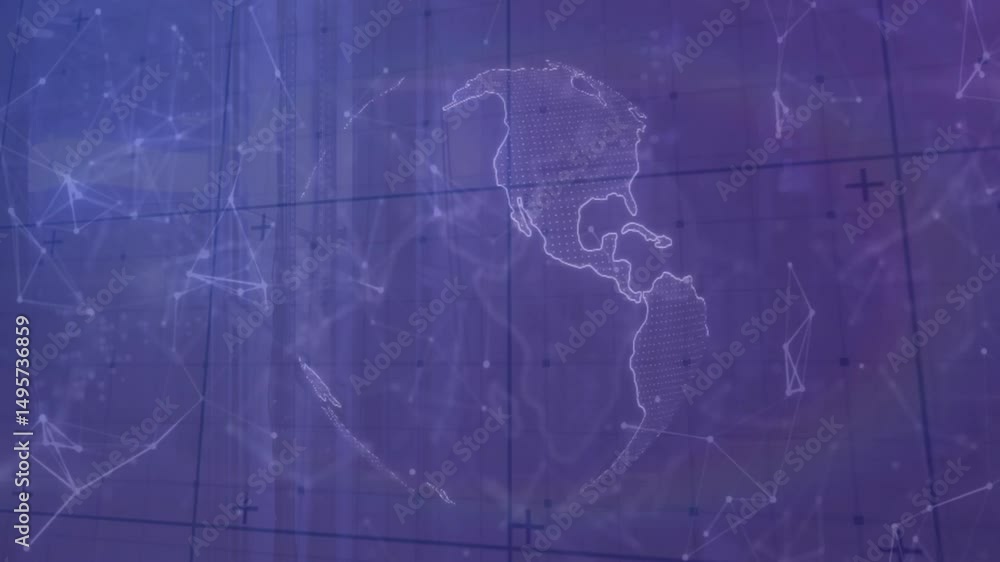 Poster starting with purple grid, hologram globe forming continent outlines and rotating for data flow