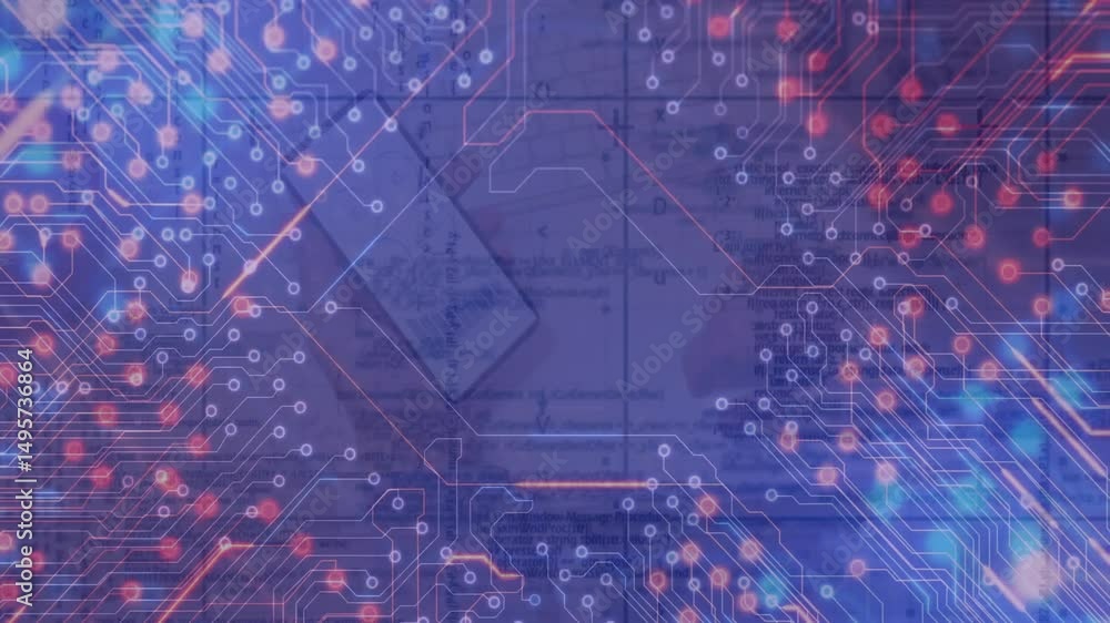 Poster beginning with hexagon on grid, circuit traces emerging, nodes pulsing forming digital network web