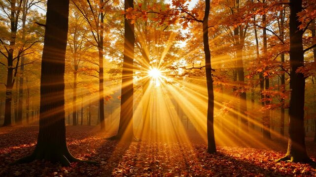 Autumn forest sun rays illuminate trees with golden light. Sunlight streams through leaves creating magical atmosphere. Breathtaking autumn scene perfect for video projects, nature documentaries