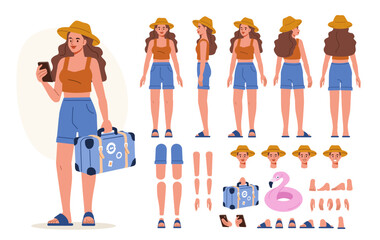 Fototapeta na wymiar Girl wearing summer clothes holding baggage. Character constructor for animation. Front, side and back view set. Body parts, postures, poses collection. Vector illustration.