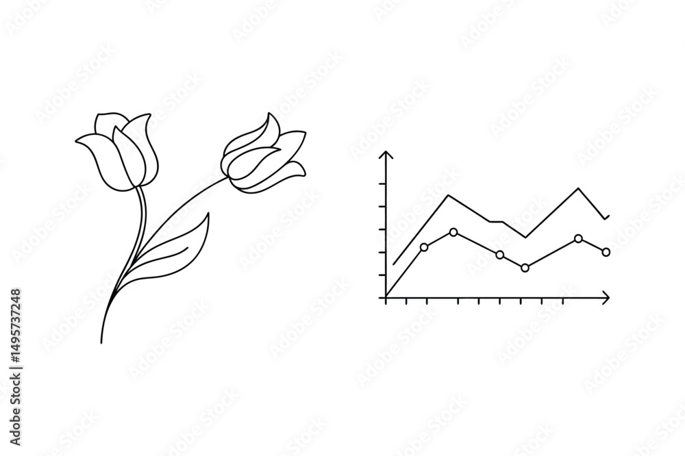 Poster simple black and white line art of tulips and a data graph on a white background