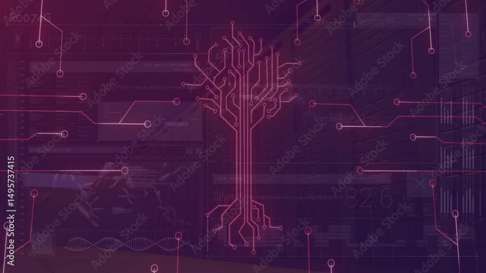 Poster rotating indicator starting red circuit lines forming branching digital tree showing data growth