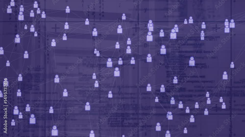 Poster upon canvas loading user icons emerging and linking while demonstrating network growth on blueprint
