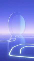 A futuristic, glowing circular structure with neon lines on a reflective surface