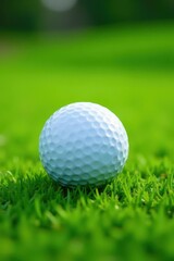 Obraz premium Golf ball resting on lush green grass, close-up, macro, putting