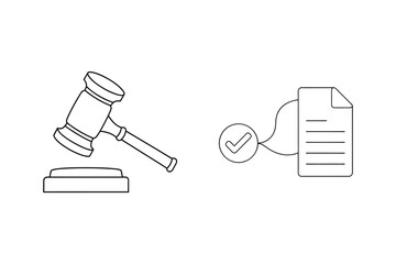 Legal agreement approved document symbolized by a gavel and checkmark icon in outline style