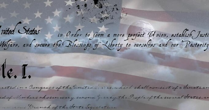 Cursive preamble scrolling over flag and rotating Earth after ink-splat introducing constitution