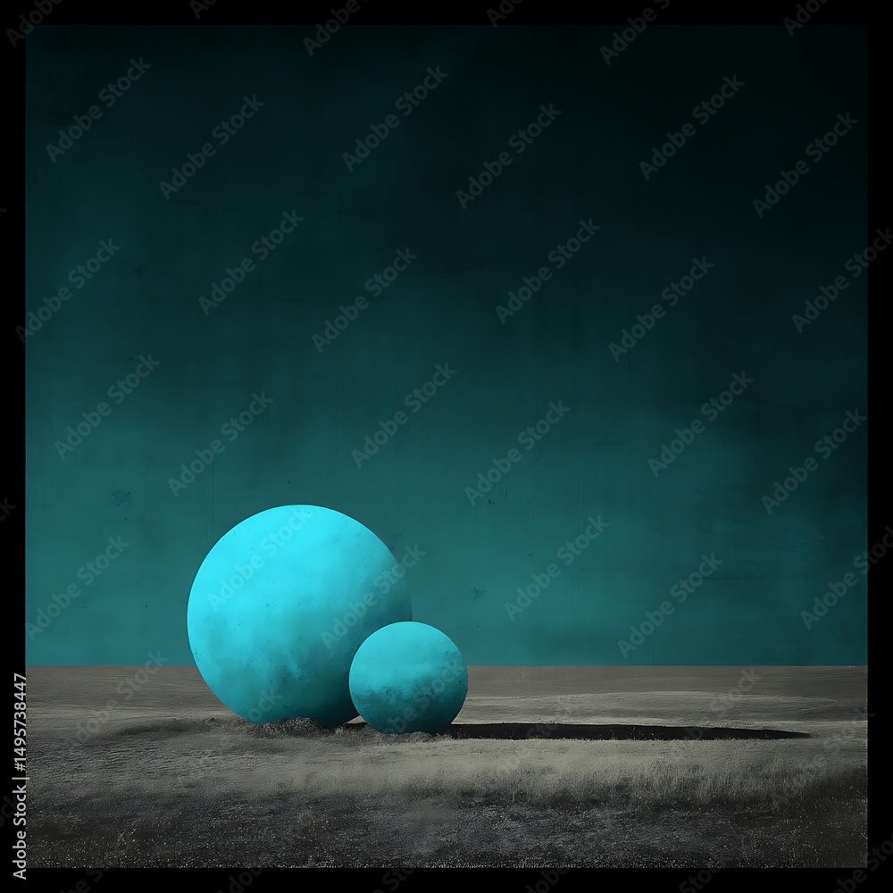 Poster minimalist spheres on desolate plain with dark background, modern conceptual art and strange simplic