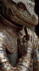 Lizard-like warrior wearing ornate armor stands confidently in a mystical setting illuminated by soft light