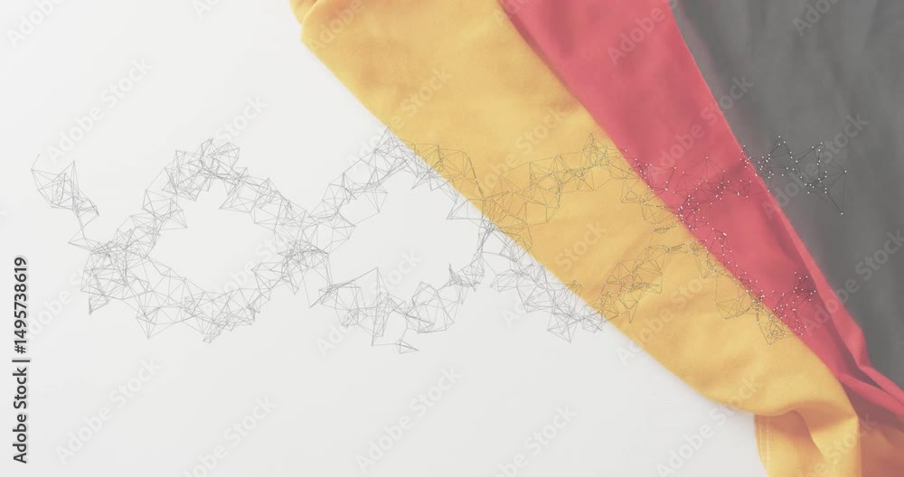 Poster wireframe points materializing forming twin loops while cloth draping on right for abstract visuals