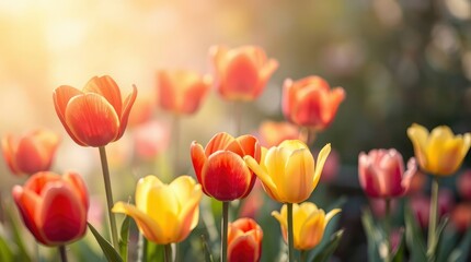 Obraz premium Sunlit Tulips: A Warm and Vibrant Spring Meadow