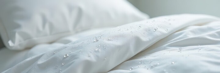 Obraz premium Tiny water droplets adorn pristine white bedding , luxury, macro photography, calm