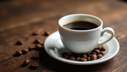 Obraz premium White cup, black coffee, coffee beans on table, brown, beans