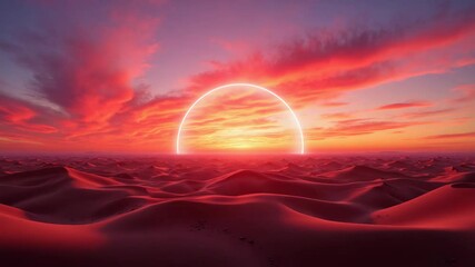 Surreal sunset landscape with glowing neon arch over red sand dunes. Dramatic sunset scene with vibrant red sky and illuminated archway. Futuristic landscape ideal for video backgrounds and intro sequ