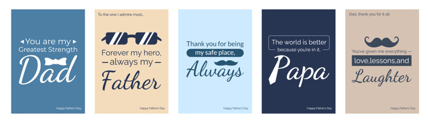 Happy Father's Day Card Set Design Bundle, Inspirational Quotes for Dad, Father, Papa Posters, Stylish Typography Greeting Cards with Mustache Icons