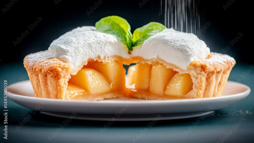 Poster slice of pie with a leaf on top. the pie is a delicious looking dessert with a light and fluffy text