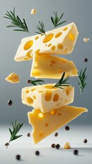 Floating cheese slices with herbs and spices create an appetizing display in modern kitchen setting