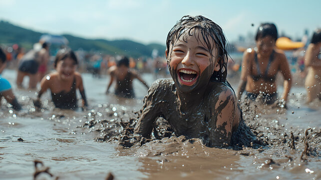 A vibrant scene at the Boryeong Mud Festival in South Korea. People of all ages covered in thick gray mud, laughing and playing in large mud pools. 