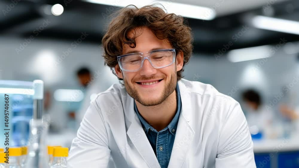 Aufkleber man in a lab coat is smiling for the camera. he is wearing glasses and has a beard