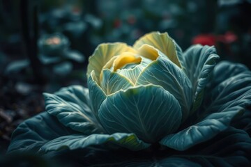 Obraz premium Serene Cabbage Close-up: Moody Green Hues and Textured Leaves