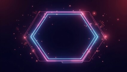 Abstract neon hexagon frame with glowing particles for futuristic designs
