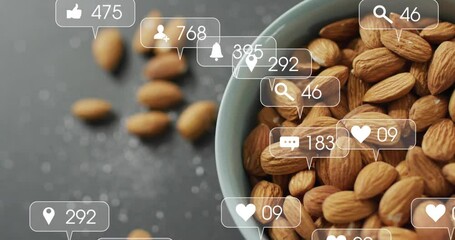 Single like bubble popping over bowl sparking icons swirling around almonds showing engagement flow - Powered by Adobe