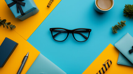 All accessories of Father's day concepts isolated on blue background which top view.