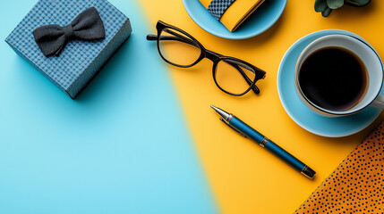 All accessories of Father's day concepts isolated on blue background which top view.