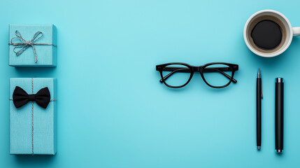 All accessories of Father's day concepts isolated on blue background which top view.
