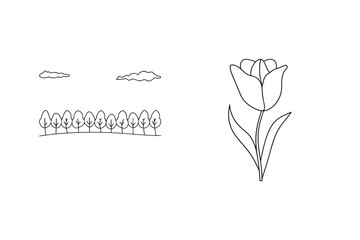 Simple line art illustration of a tulip, clouds, and a forest on a white background
