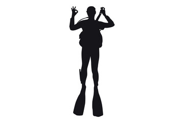 Vector art of Silhouette of scuba diver giving ok sign isolated on white background