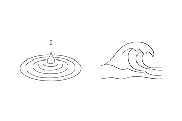 Minimalist line art illustration of a water drop rippling and an ocean wave