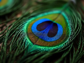 Obraz premium close up shot of vibrant peacock feather with showcasing its intricate texture and patterns