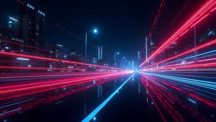 Futuristic city at night with light trails representing fast paced urban life