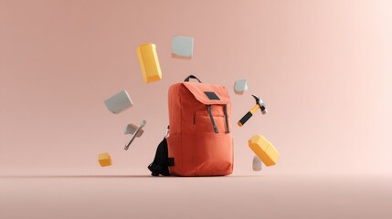 Orange Backpack with Floating Tools and Blocks in Modern Minimal Peach Background 3D Render