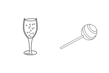 Simple outline illustration of champagne glass and lollipop on a white background