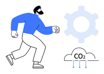Bearded man walking with gear icon beside CO2 emissions cloud and downward arrows. Ideal for sustainability, innovation, progress, environment, teamwork, climate action, efficiency. Flat simple