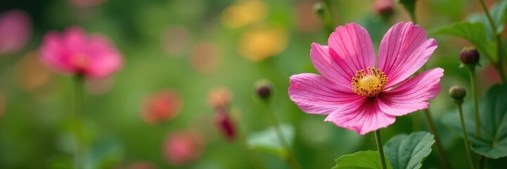 Obraz premium Musk mallow flowers and seed pods in a garden , garden, cultivation