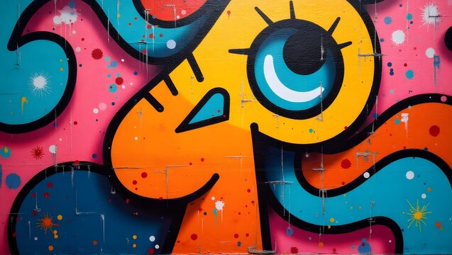 Urban street art with colorful graffiti paint design on a textured brick wall