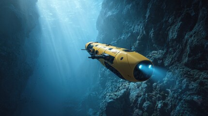 A stunning image of bright yellow autonomous underwater vehicle (AUV) exploring the deep ocean near a rocky underwater cliff, emitting blue light from its front end.